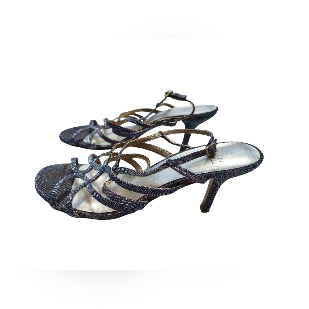 Stuart Weitzman Turning Up Pyrite Nocturn Silver Metallic Strappy Heels 9 1/2 M